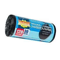Мешки для мусора 120 л, с ушками, черные, в рулоне 30 шт., ПНД, 15 мкм, 1100х700 мм, Крепак, 4607075710375 в Электростали