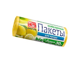 Мешки для мусора 30 л, ароматизированные, Лимон, желтые, в рулоне 20 шт., ПНД, 9 мкм, 560х530 мм, GRIFON Aroma, 101-020 Li в Электростали